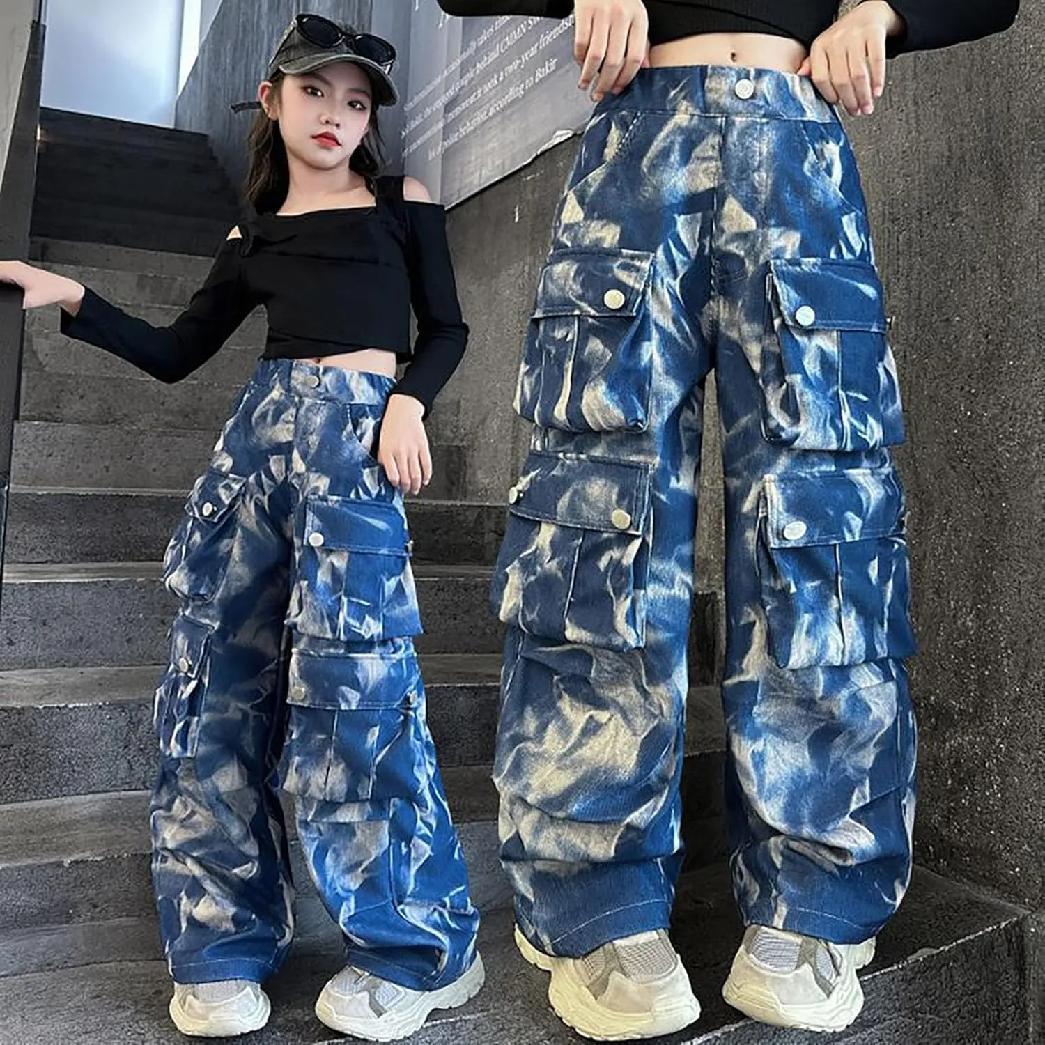 Kids Girls Baggy Jeans Y2k Streetwear Denim Cargo Pants Teens Distressed Elastic High Waist Wide Leg Pants Multi Pocket