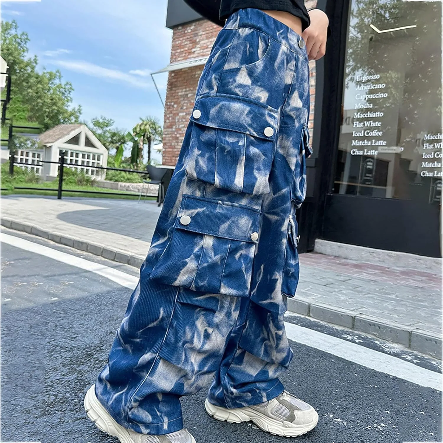 Kids Girls Baggy Jeans Y2k Streetwear Denim Cargo Pants Teens Distressed Elastic High Waist Wide Leg Pants Multi Pocket