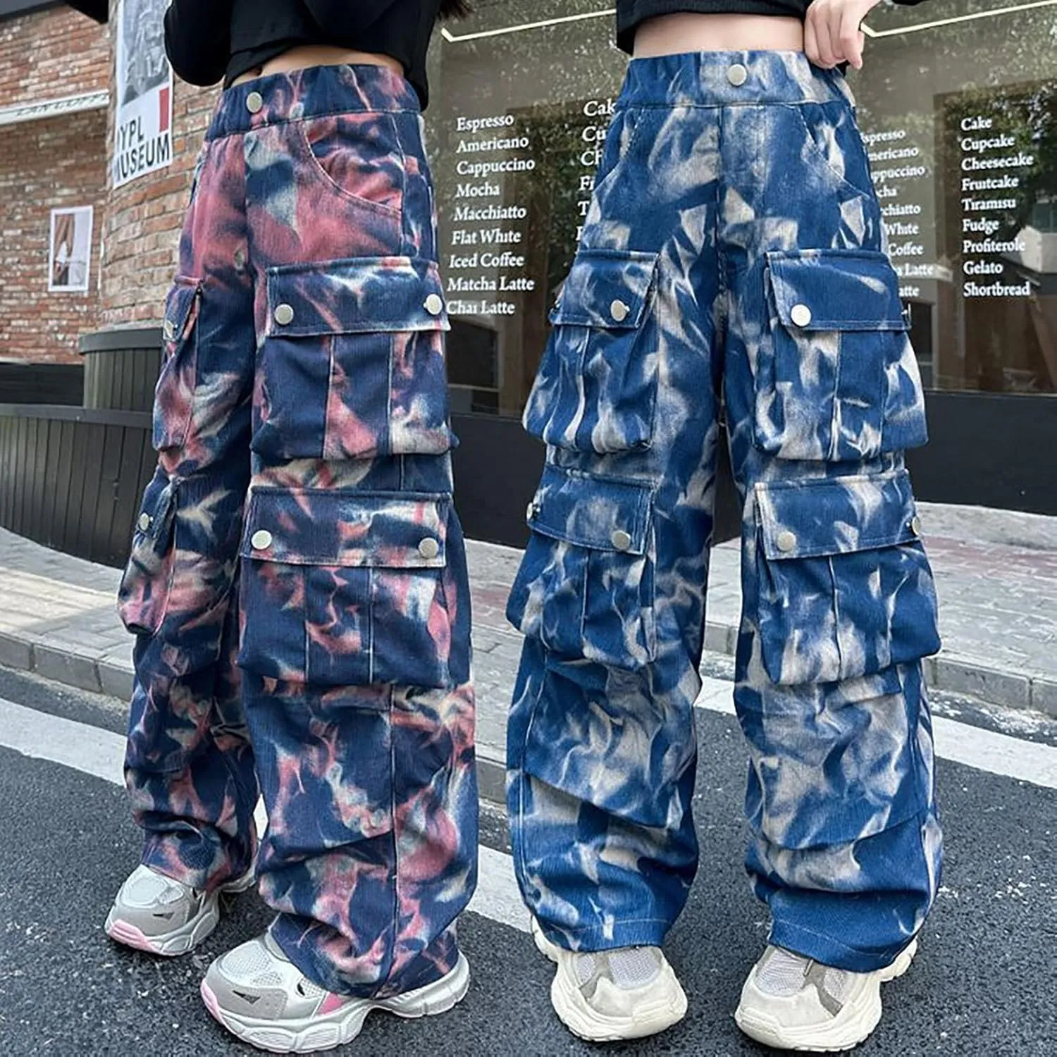 Kids Girls Baggy Jeans Y2k Streetwear Denim Cargo Pants Teens Distressed Elastic High Waist Wide Leg Pants Multi Pocket