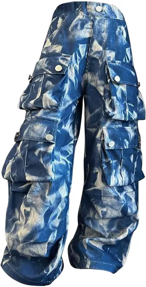 Kids Girls Baggy Jeans Y2k Streetwear Denim Cargo Pants Teens Distressed Elastic High Waist Wide Leg Pants Multi Pocket