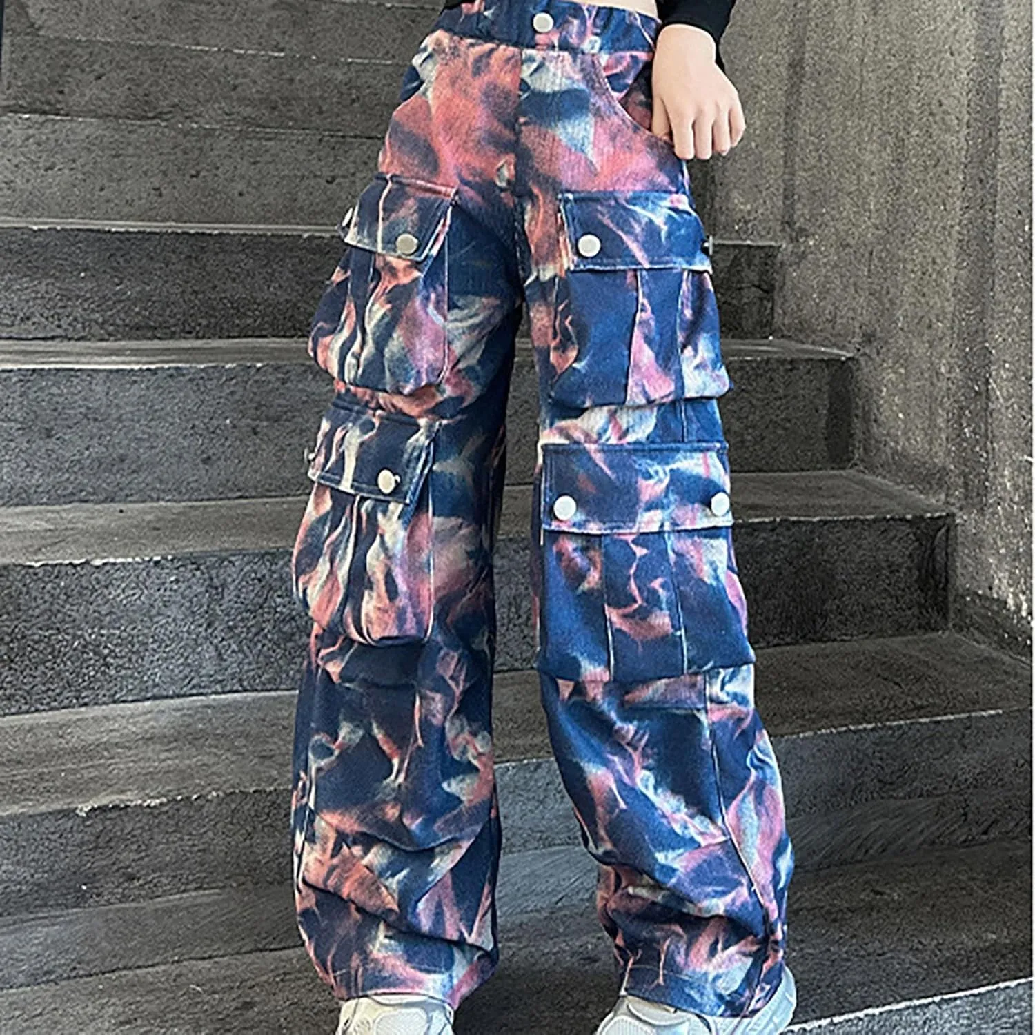Kids Girls Baggy Jeans Y2k Streetwear Denim Cargo Pants Teens Distressed Elastic High Waist Wide Leg Pants Multi Pocket