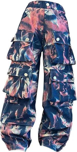 Kids Girls Baggy Jeans Y2k Streetwear Denim Cargo Pants Teens Distressed Elastic High Waist Wide Leg Pants Multi Pocket