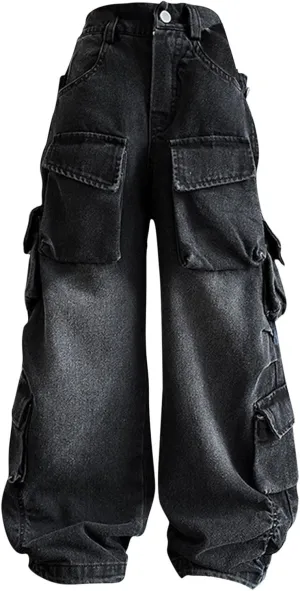 Kids Girls Denim Distressed Baggy Jeans Teens Girls Wide Leg High Waisted Floor Height Washed Pants with Multi Pockets