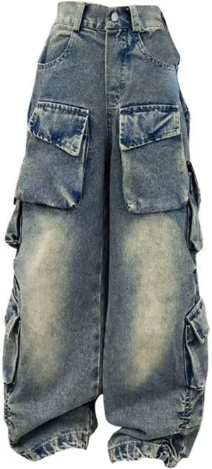 Kids Girls Denim Distressed Baggy Jeans Teens Girls Wide Leg High Waisted Floor Height Washed Pants with Multi Pockets