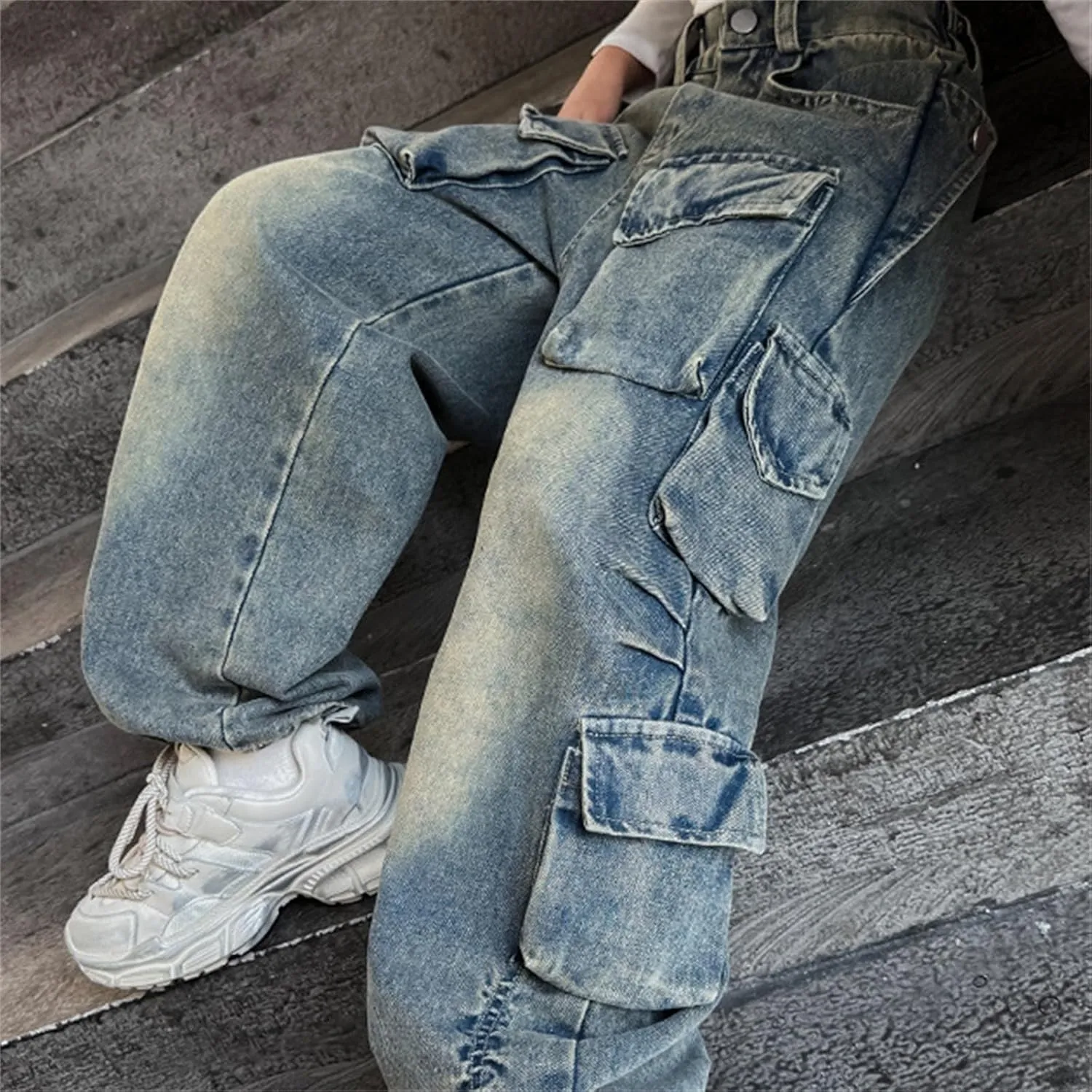 Kids Girls Denim Distressed Baggy Jeans Teens Girls Wide Leg High Waisted Floor Height Washed Pants with Multi Pockets