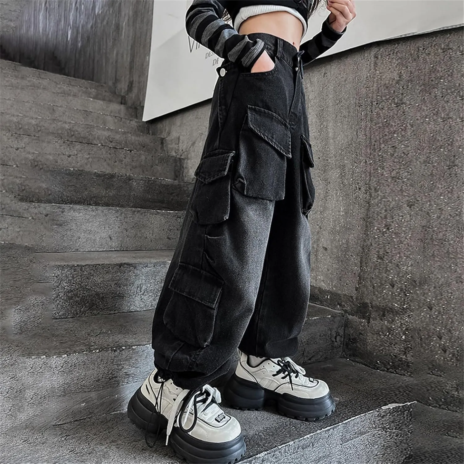 Kids Girls Denim Distressed Baggy Jeans Teens Girls Wide Leg High Waisted Floor Height Washed Pants with Multi Pockets