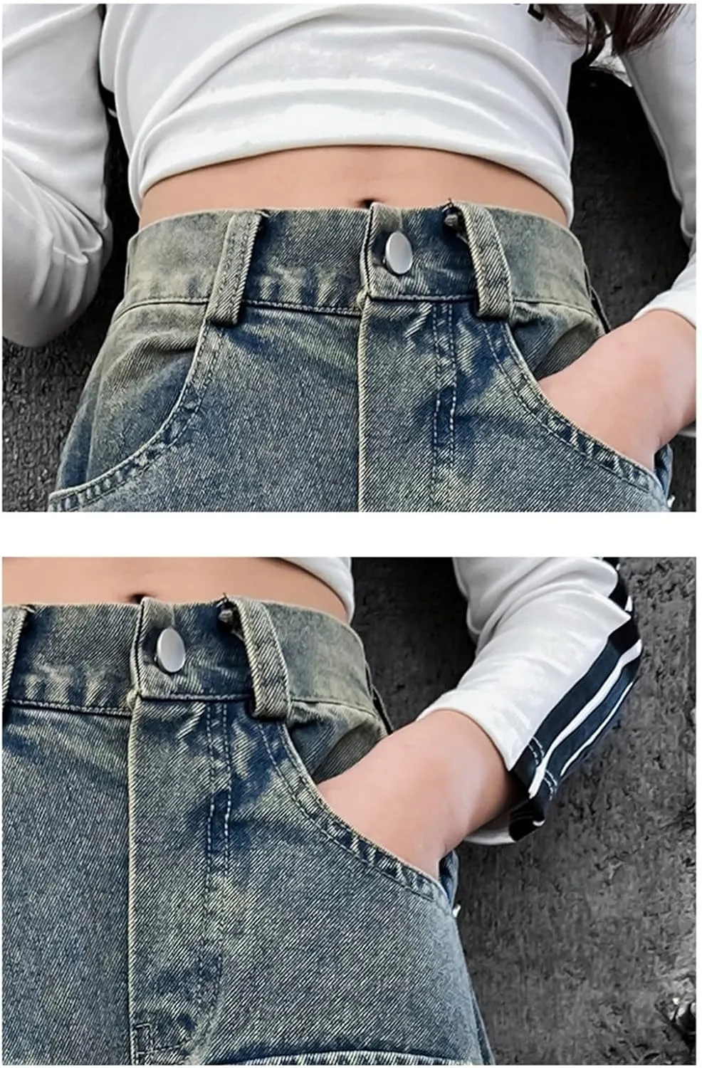 Kids Girls Denim Distressed Baggy Jeans Teens Girls Wide Leg High Waisted Floor Height Washed Pants with Multi Pockets