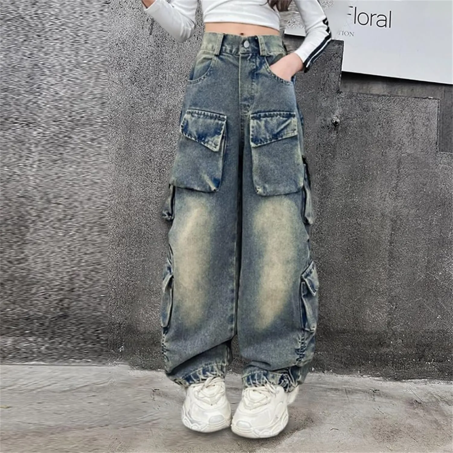 Kids Girls Denim Distressed Baggy Jeans Teens Girls Wide Leg High Waisted Floor Height Washed Pants with Multi Pockets