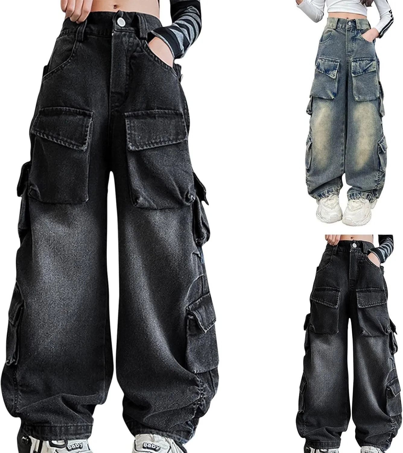 Kids Girls Denim Distressed Baggy Jeans Teens Girls Wide Leg High Waisted Floor Height Washed Pants with Multi Pockets