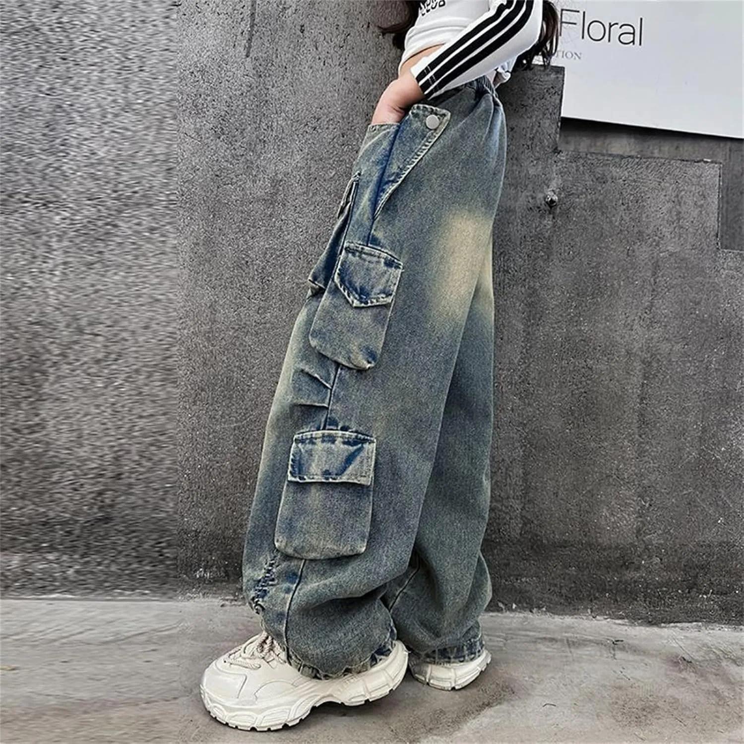 Kids Girls Denim Distressed Baggy Jeans Teens Girls Wide Leg High Waisted Floor Height Washed Pants with Multi Pockets