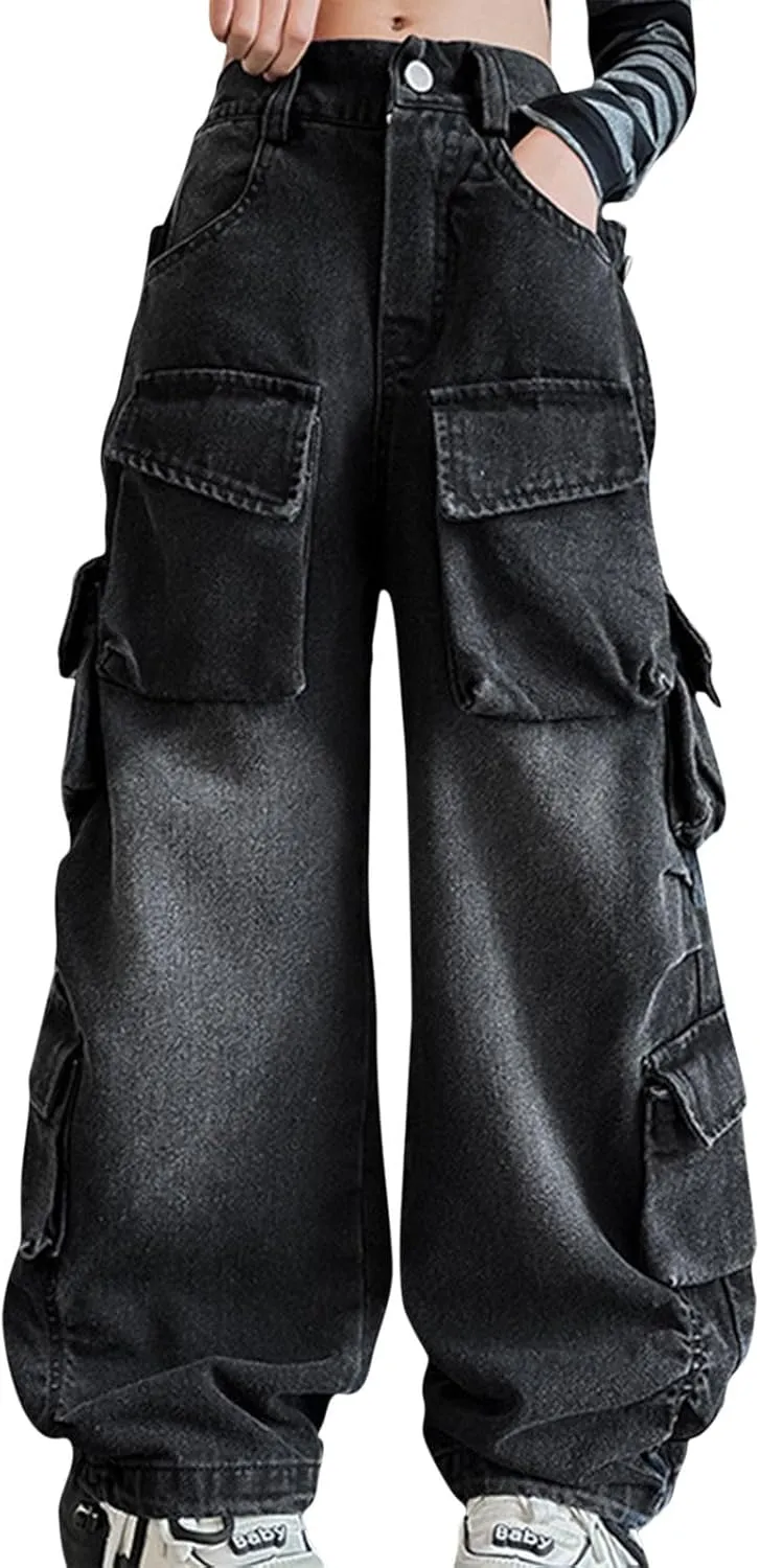 Kids Girls Denim Distressed Baggy Jeans Teens Girls Wide Leg High Waisted Floor Height Washed Pants with Multi Pockets