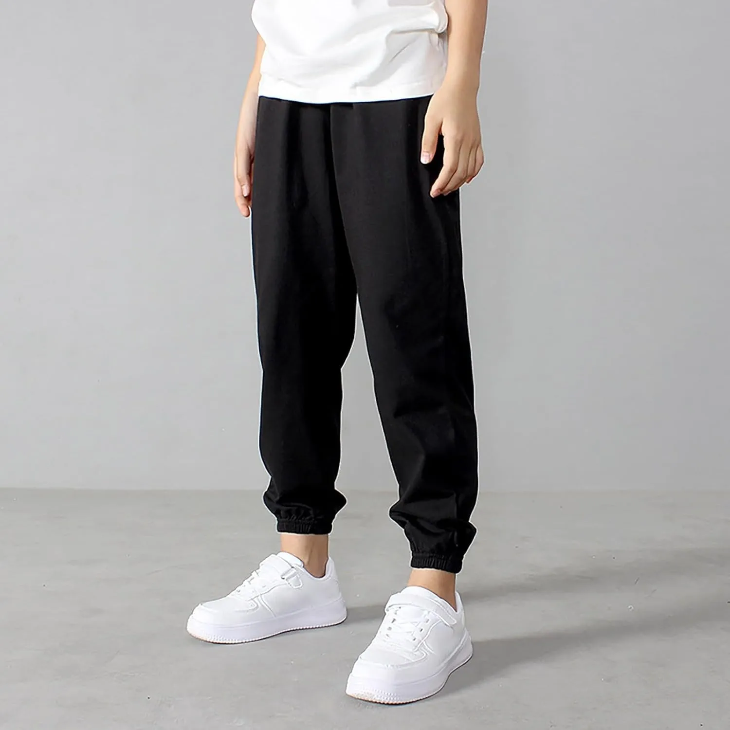 Kids Girls Jogger Sweatpants Elastic High Waist Solid Wide Leg Long Pants School Casual Pull on Sport Trousers Comfy
