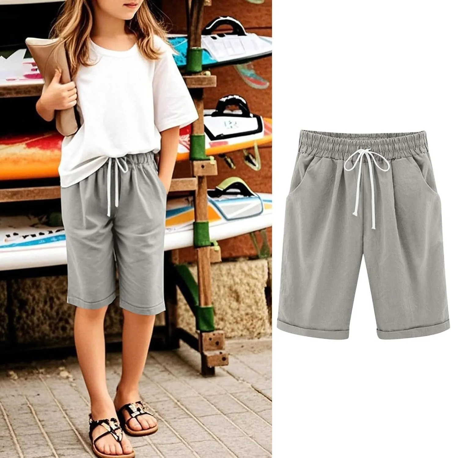 Kids Teens Girls Elastic Waist Knee Length Casual Cotton Shorts with 𝐃rawstring Leisure Joggers Trousers