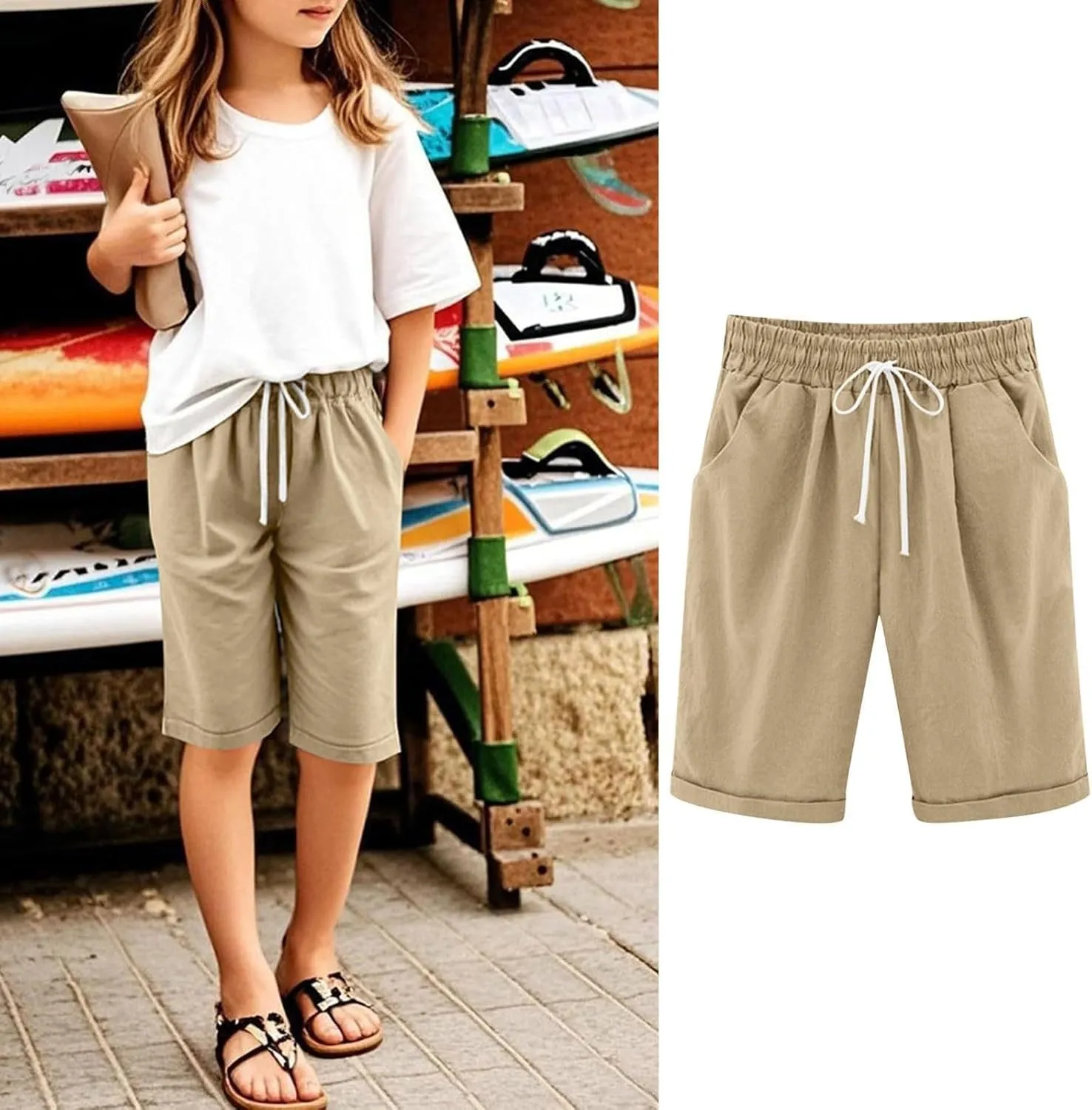 Kids Teens Girls Elastic Waist Knee Length Casual Cotton Shorts with 𝐃rawstring Leisure Joggers Trousers