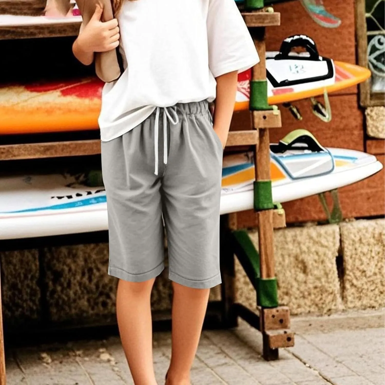 Kids Teens Girls Elastic Waist Knee Length Casual Cotton Shorts with 𝐃rawstring Leisure Joggers Trousers