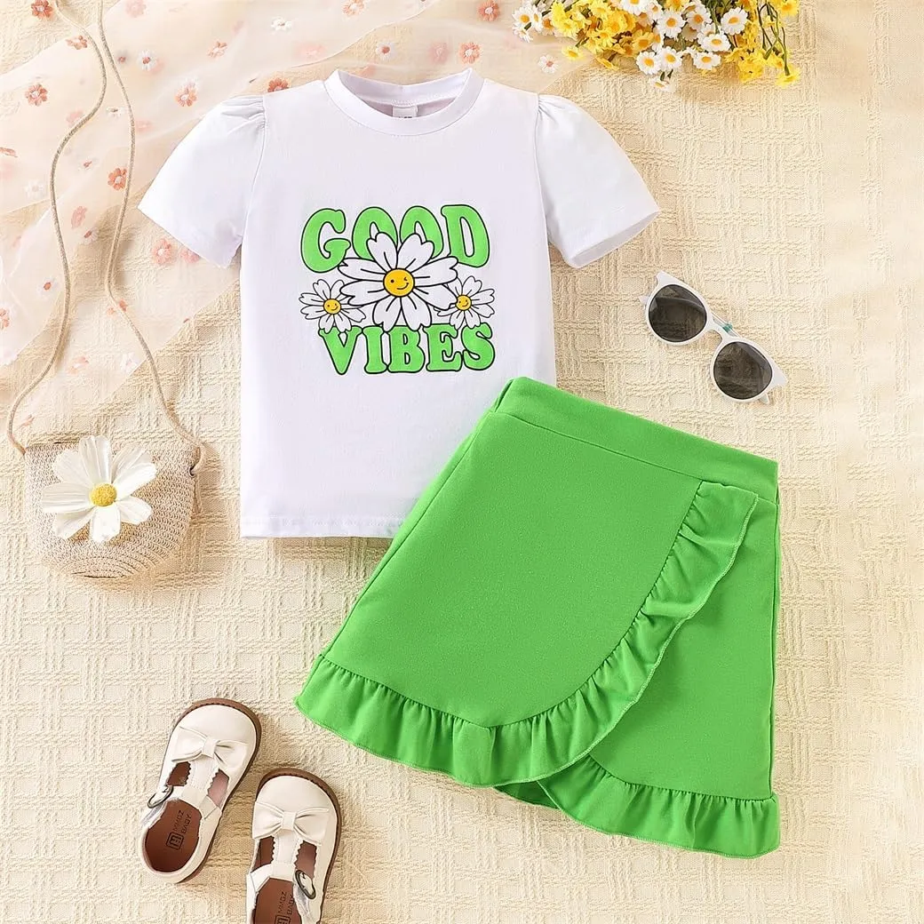 Kids Toddler Girl Summer Clothes Letter Printed T-Shirt Top＋ Floral Skirt 2pcs Girl's Skirt Set