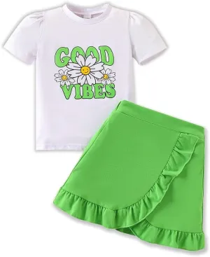 Kids Toddler Girl Summer Clothes Letter Printed T-Shirt Top＋ Floral Skirt 2pcs Girl's Skirt Set