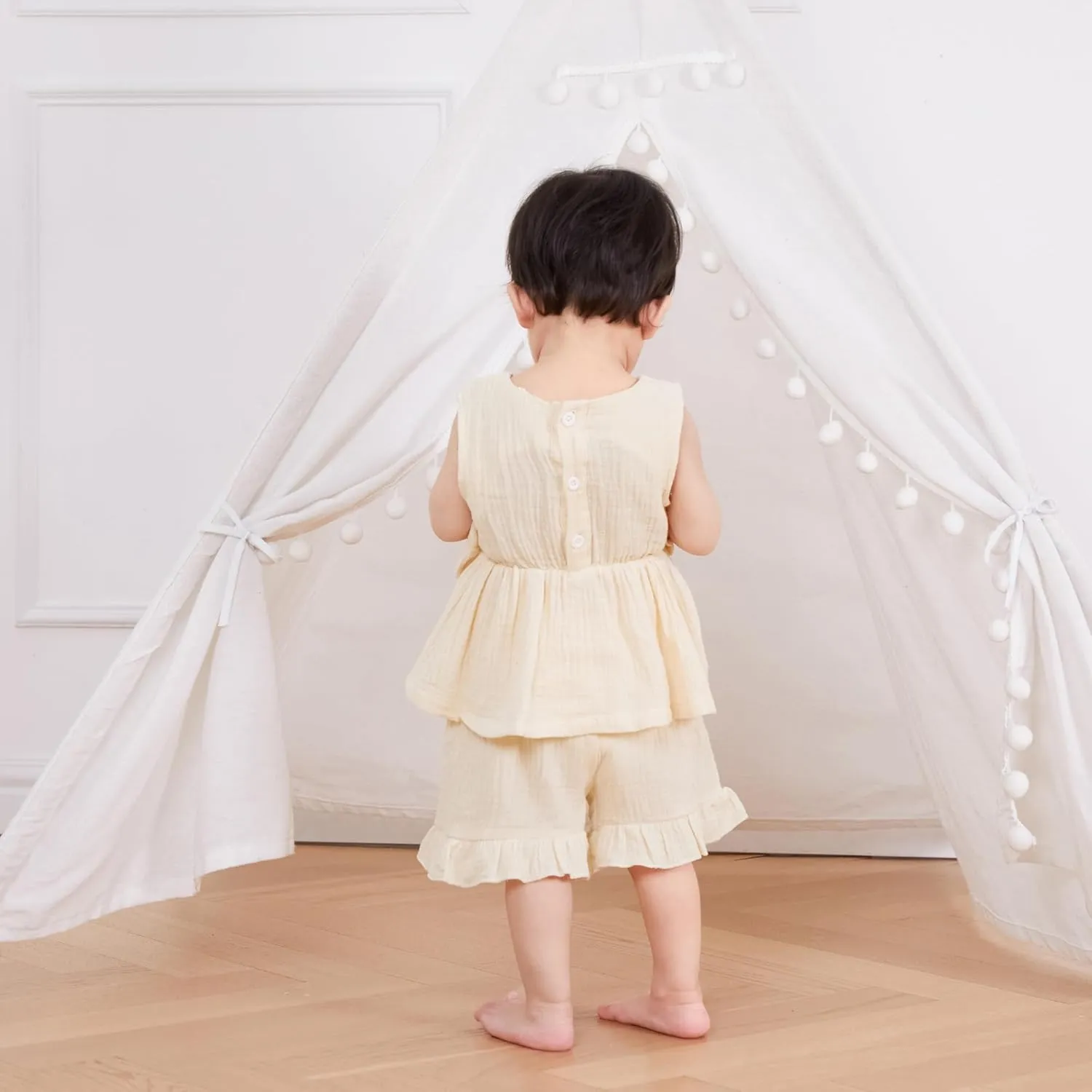 Kupretty Toddler Girl Summer Clothes Baby Solid Linen Outfit Bows Ruffle Tank Tops Shirts   Ruffled Short Set