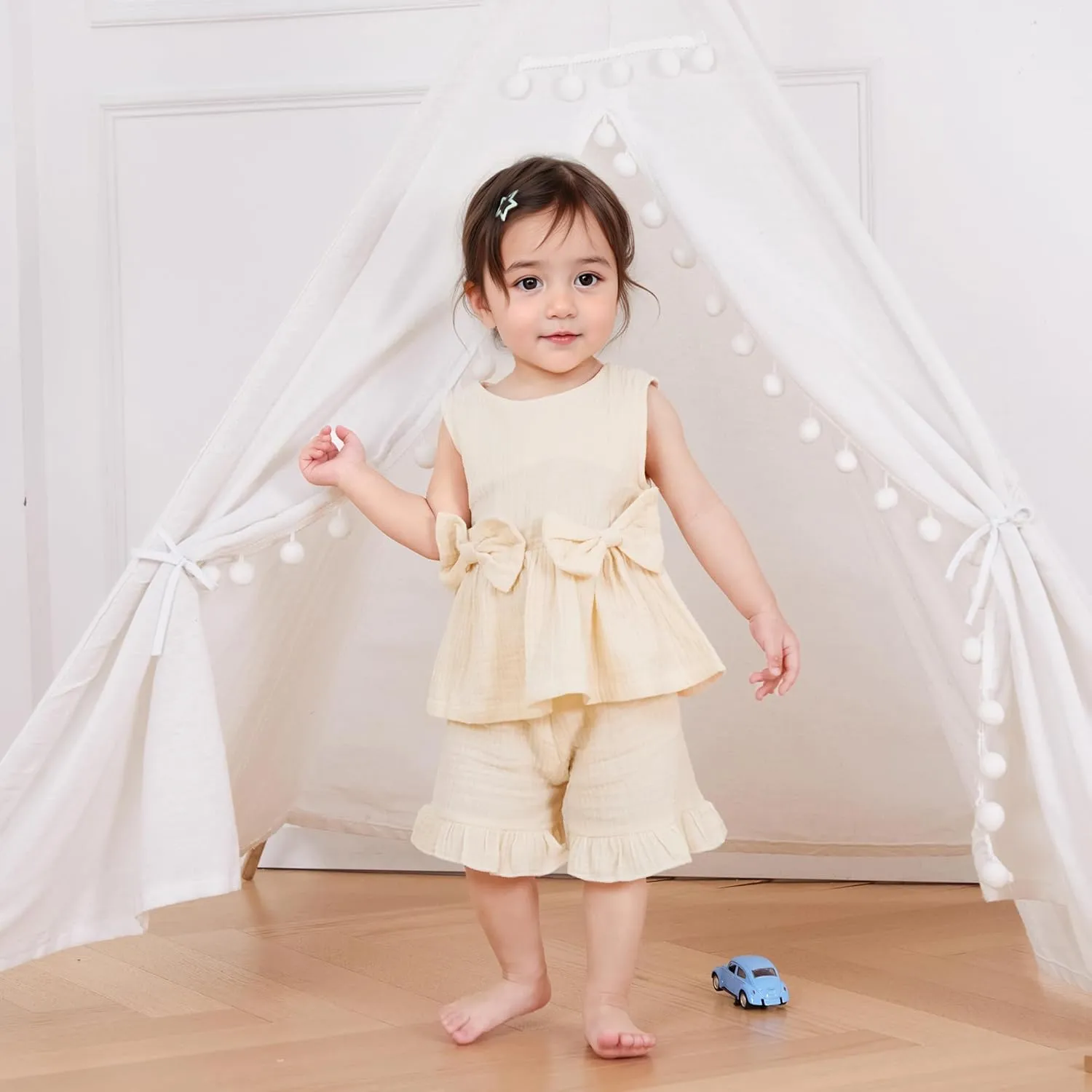 Kupretty Toddler Girl Summer Clothes Baby Solid Linen Outfit Bows Ruffle Tank Tops Shirts   Ruffled Short Set