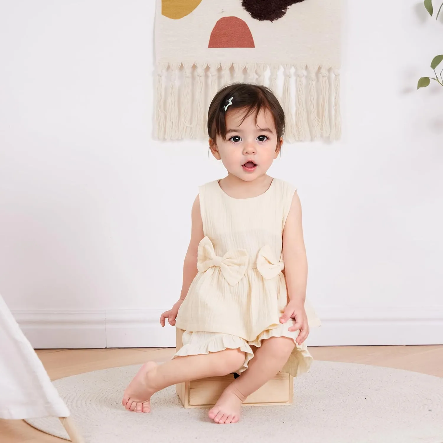 Kupretty Toddler Girl Summer Clothes Baby Solid Linen Outfit Bows Ruffle Tank Tops Shirts   Ruffled Short Set