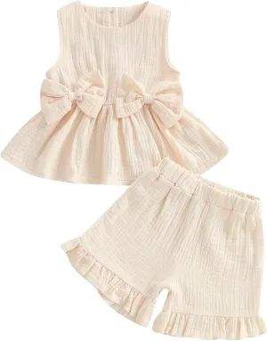 Kupretty Toddler Girl Summer Clothes Baby Solid Linen Outfit Bows Ruffle Tank Tops Shirts   Ruffled Short Set