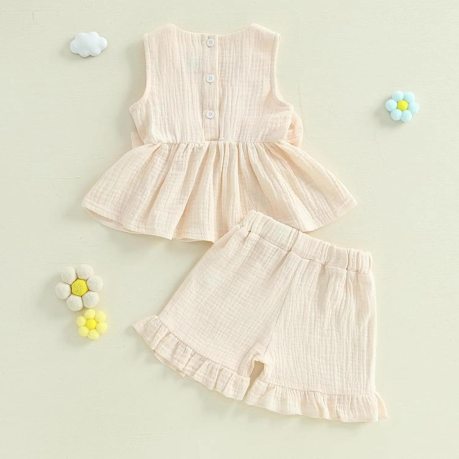 Kupretty Toddler Girl Summer Clothes Baby Solid Linen Outfit Bows Ruffle Tank Tops Shirts   Ruffled Short Set