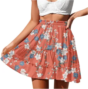 Ladies Floral Boho Skirts 2025 Trendy Summer Ruffle Swing Beach Skirt Casual Bohemian Vacation Skirt for Women