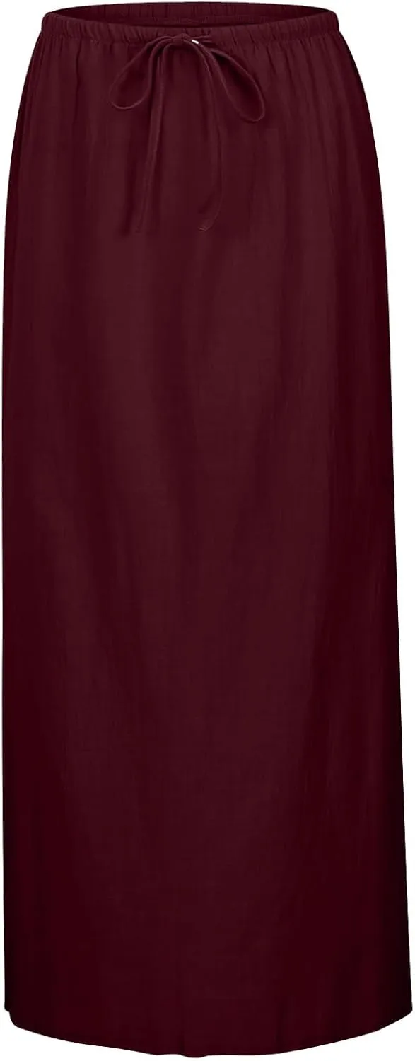 Linen Maxi Skirts for Women Trendy Summer Comfy Drawstring Waist A Line Skirts Cute Vacation Boho Long Flowy