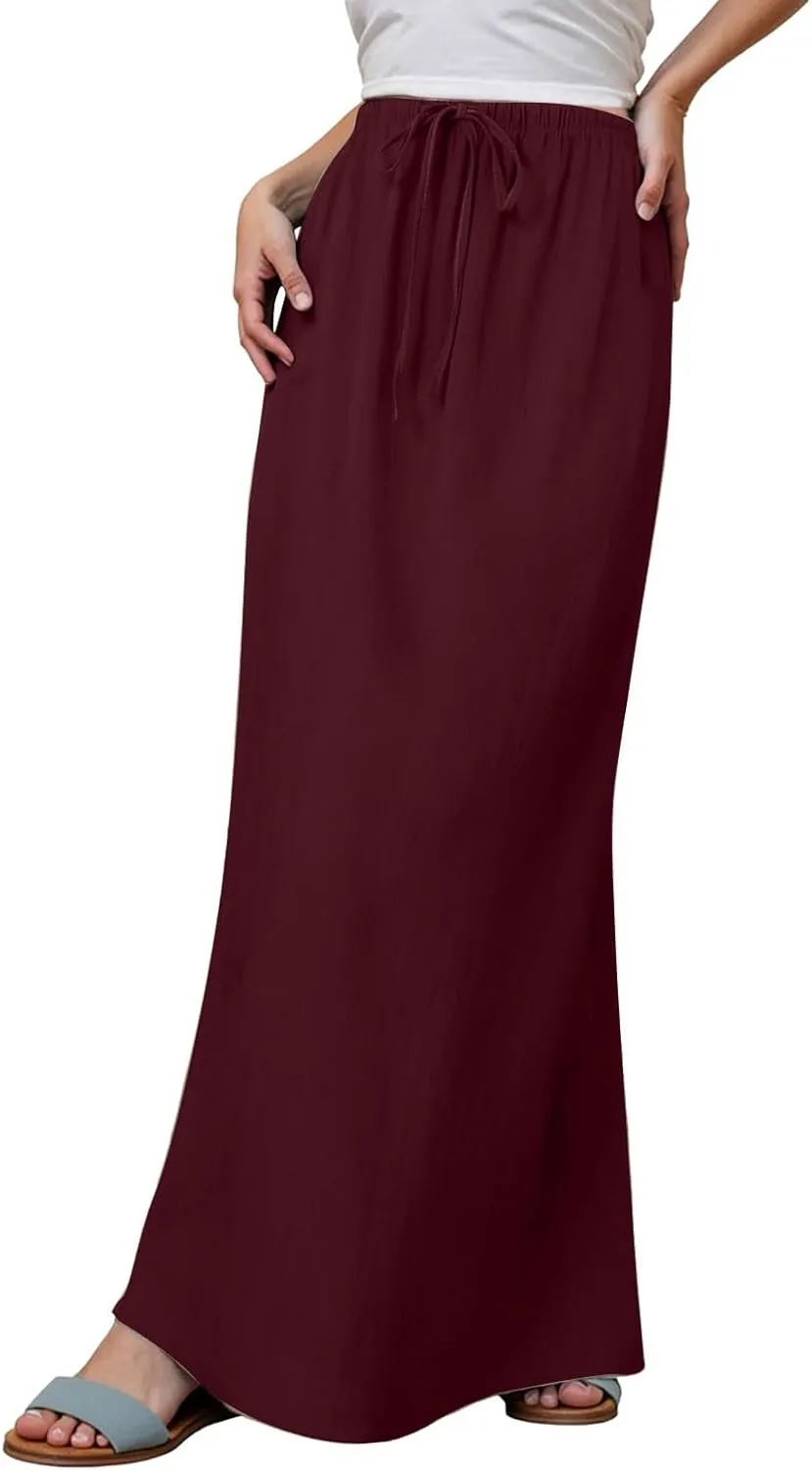 Linen Maxi Skirts for Women Trendy Summer Comfy Drawstring Waist A Line Skirts Cute Vacation Boho Long Flowy