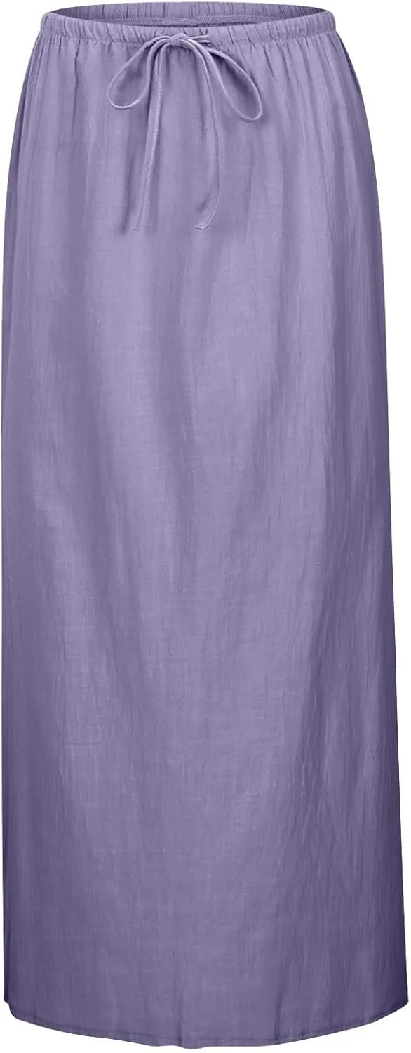 Linen Maxi Skirts for Women Trendy Summer Comfy Drawstring Waist A Line Skirts Cute Vacation Boho Long Flowy