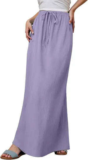 Linen Maxi Skirts for Women Trendy Summer Comfy Drawstring Waist A Line Skirts Cute Vacation Boho Long Flowy