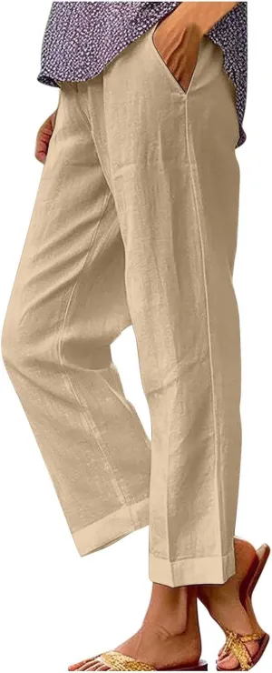 Linen Pants Women Petite,High Waisted Cotton Linen Summer Wide Leg Pants Comfy Soft Trousers 2025