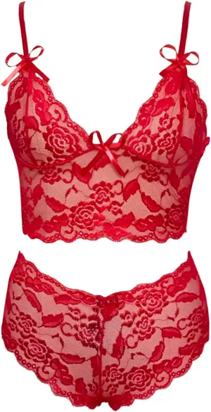 Lingerie Sets for Women Sexy Sheer Mesh Lace Bralette and Boybrief Set Deep V Neck Sleepwear Bowknot Boudoir Outfits