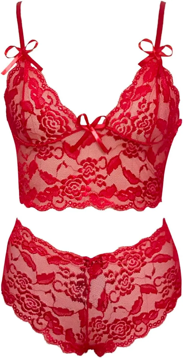 Lingerie Sets for Women Sexy Sheer Mesh Lace Bralette and Boybrief Set Deep V Neck Sleepwear Bowknot Boudoir Outfits