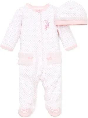 Little Me Clothes for Baby Girls 100% Cotton Scratch-Free Tag Footed One-Piece Romper and Hat Sleeper Set Preemie to 9 Months