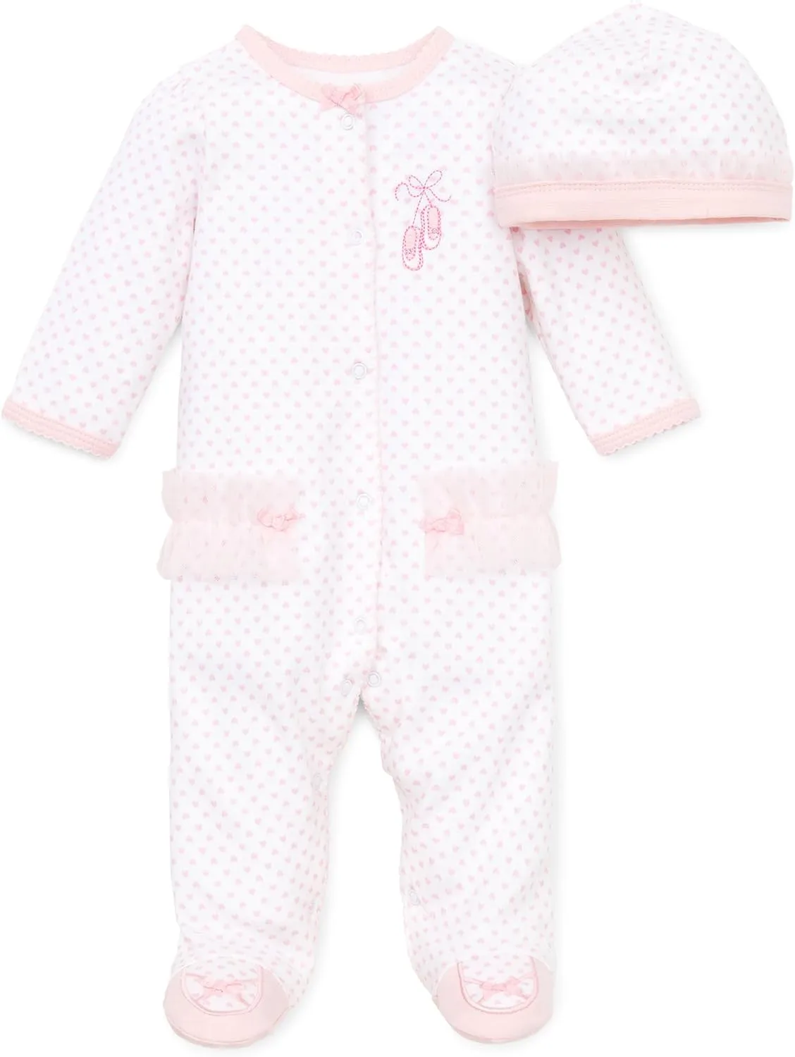 Little Me Clothes for Baby Girls 100% Cotton Scratch-Free Tag Footed One-Piece Romper and Hat Sleeper Set Preemie to 9 Months