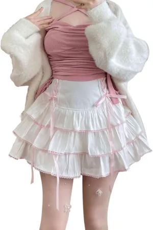 Lolita Tiered Mini Skirt Women Skorts Kawaii Layered Ruffle High Waist Lace Up A Line Cute Skirts for Teen Girls