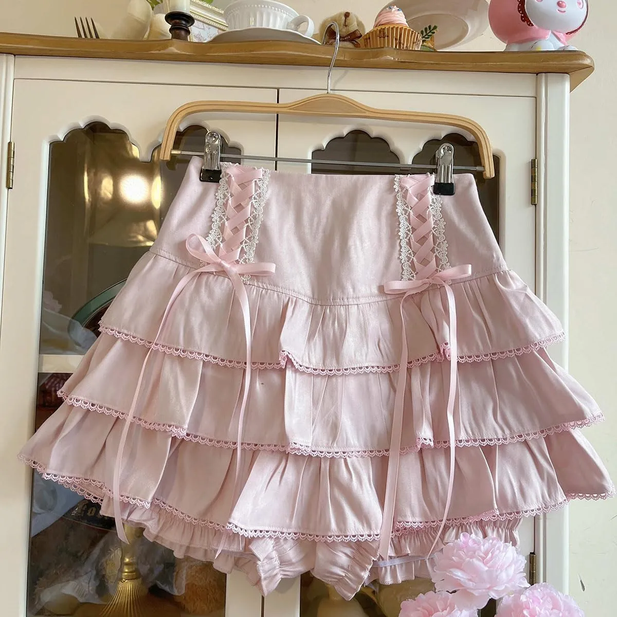 Lolita Tiered Mini Skirt Women Skorts Kawaii Layered Ruffle High Waist Lace Up A Line Cute Skirts for Teen Girls