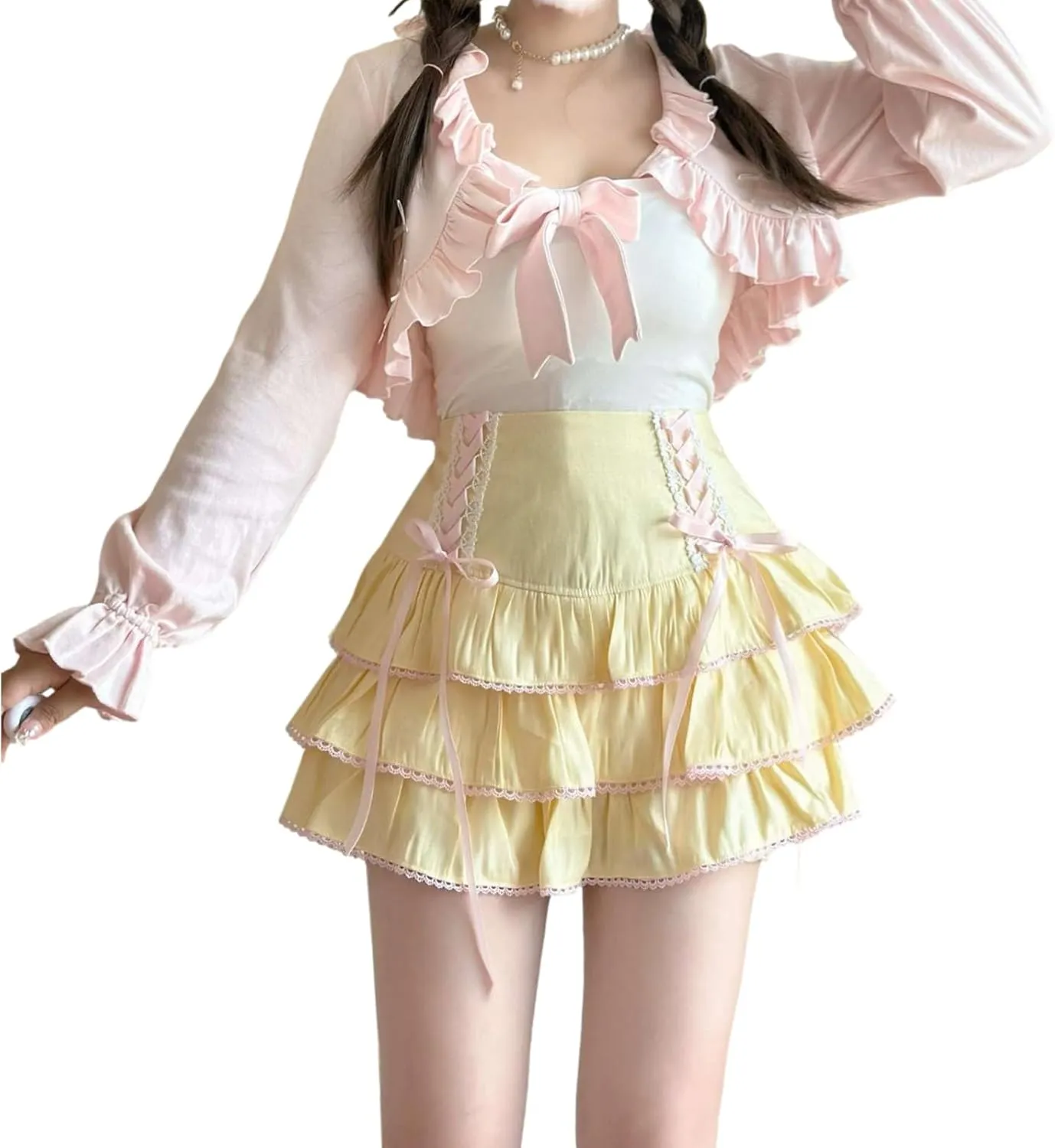 Lolita Tiered Mini Skirt Women Skorts Kawaii Layered Ruffle High Waist Lace Up A Line Cute Skirts for Teen Girls