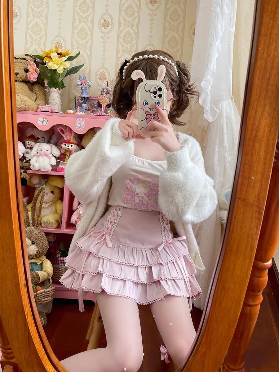Lolita Tiered Mini Skirt Women Skorts Kawaii Layered Ruffle High Waist Lace Up A Line Cute Skirts for Teen Girls