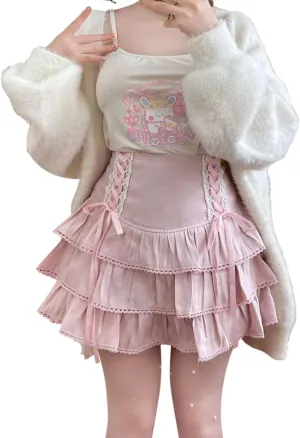Lolita Tiered Mini Skirt Women Skorts Kawaii Layered Ruffle High Waist Lace Up A Line Cute Skirts for Teen Girls