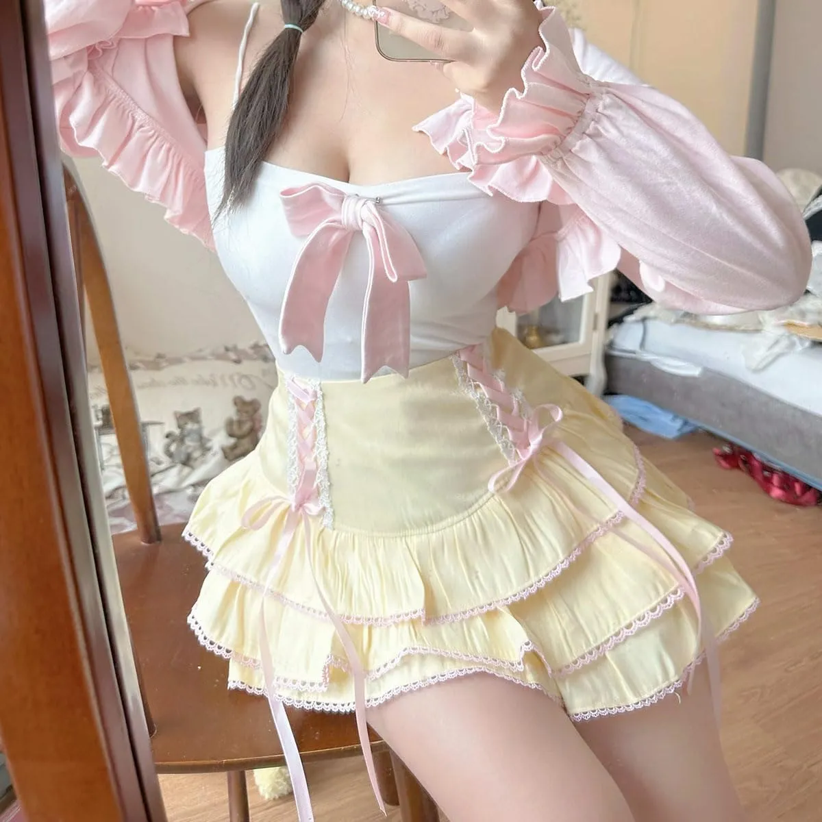 Lolita Tiered Mini Skirt Women Skorts Kawaii Layered Ruffle High Waist Lace Up A Line Cute Skirts for Teen Girls