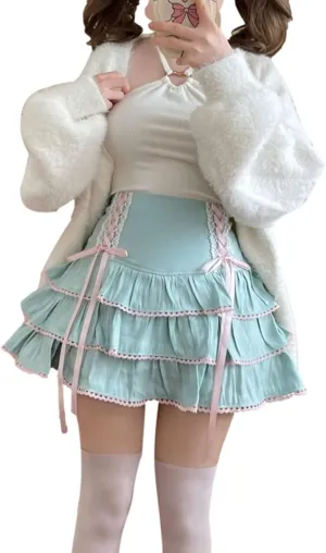 Lolita Tiered Mini Skirt Women Skorts Kawaii Layered Ruffle High Waist Lace Up A Line Cute Skirts for Teen Girls