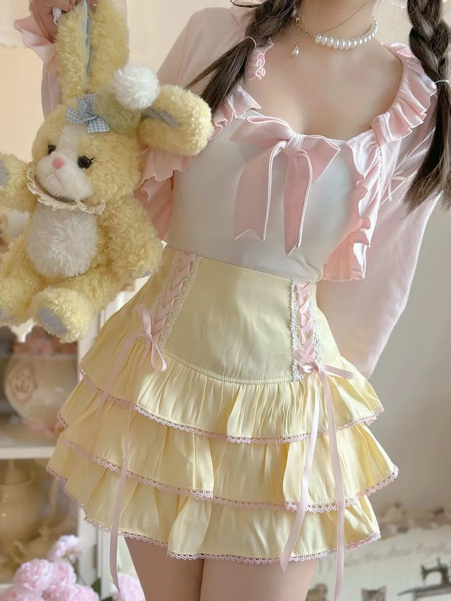 Lolita Tiered Mini Skirt Women Skorts Kawaii Layered Ruffle High Waist Lace Up A Line Cute Skirts for Teen Girls
