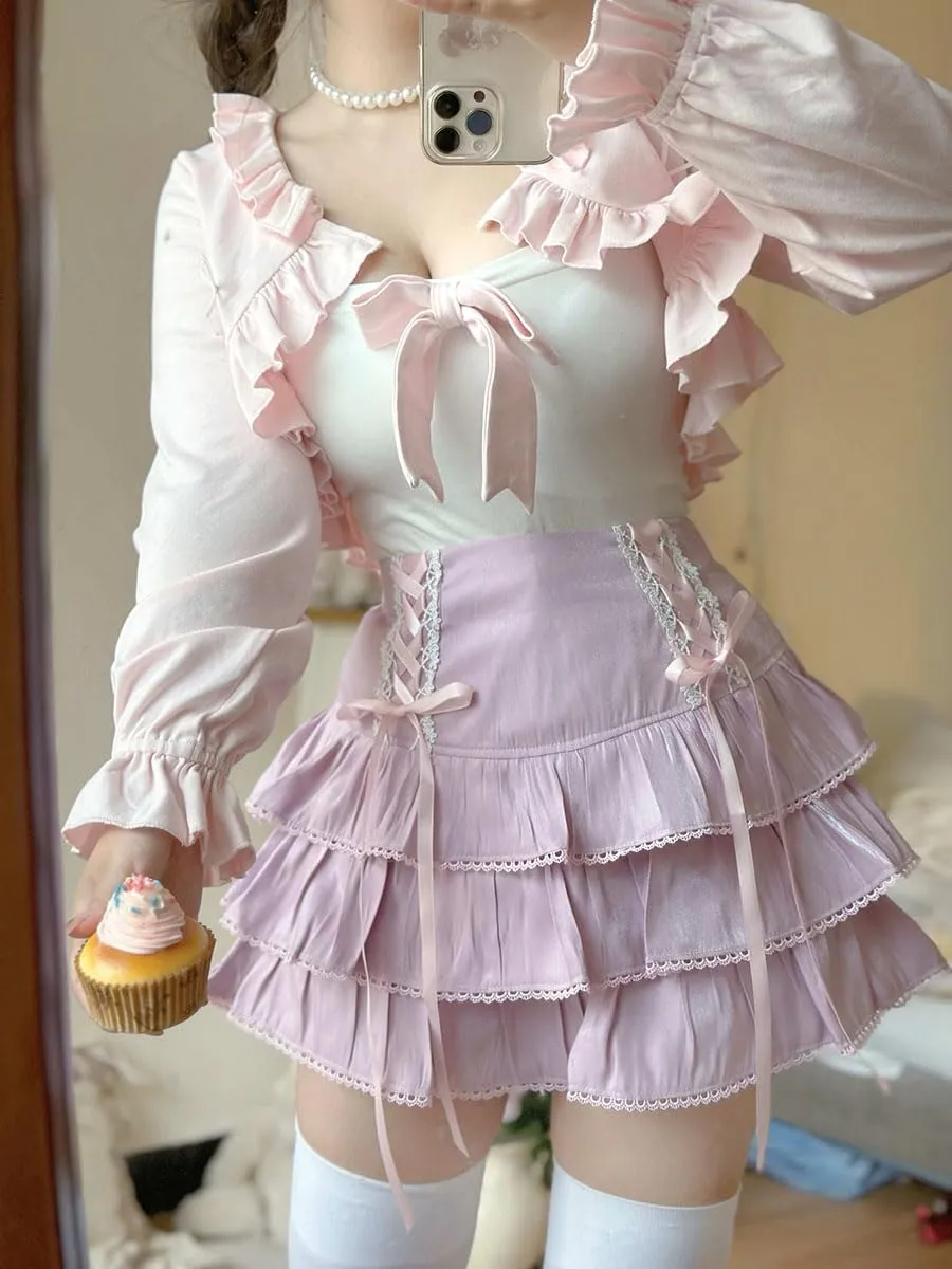 Lolita Tiered Mini Skirt Women Skorts Kawaii Layered Ruffle High Waist Lace Up A Line Cute Skirts for Teen Girls