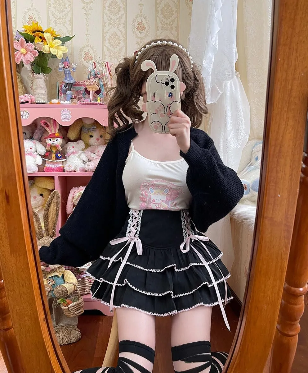 Lolita Tiered Mini Skirt Women Skorts Kawaii Layered Ruffle High Waist Lace Up A Line Cute Skirts for Teen Girls