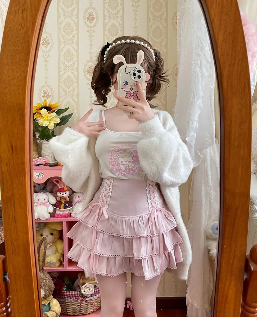 Lolita Tiered Mini Skirt Women Skorts Kawaii Layered Ruffle High Waist Lace Up A Line Cute Skirts for Teen Girls