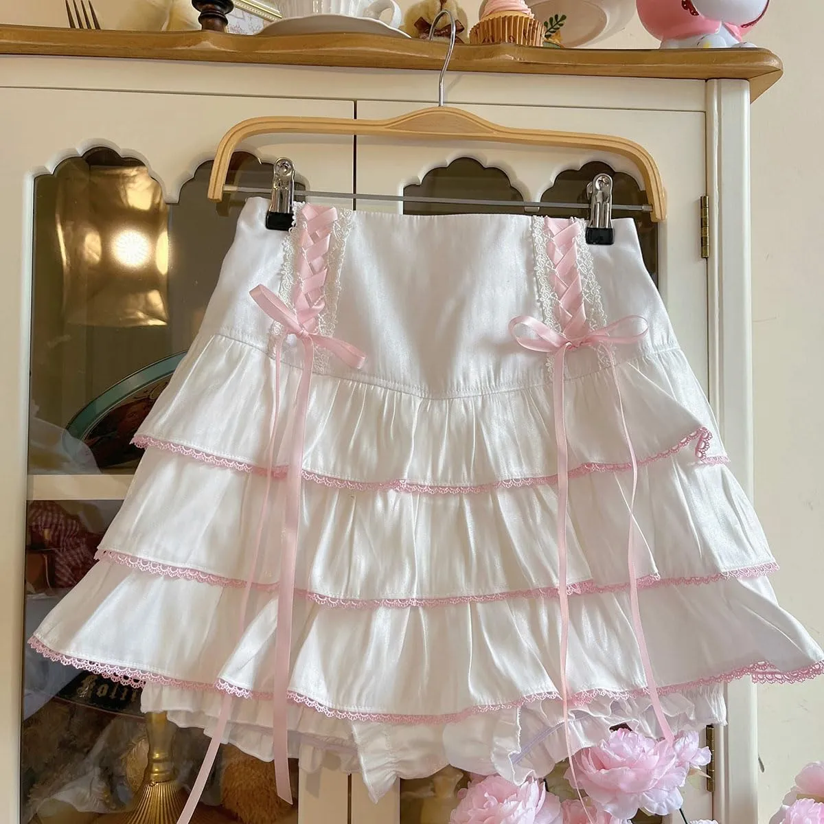 Lolita Tiered Mini Skirt Women Skorts Kawaii Layered Ruffle High Waist Lace Up A Line Cute Skirts for Teen Girls