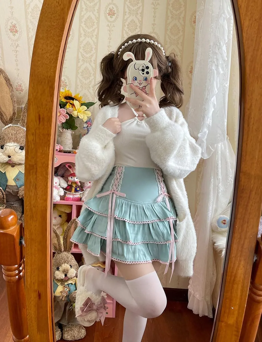 Lolita Tiered Mini Skirt Women Skorts Kawaii Layered Ruffle High Waist Lace Up A Line Cute Skirts for Teen Girls