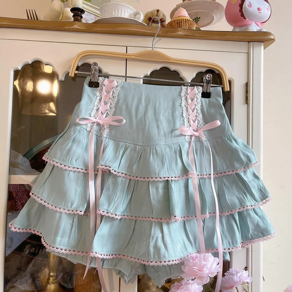 Lolita Tiered Mini Skirt Women Skorts Kawaii Layered Ruffle High Waist Lace Up A Line Cute Skirts for Teen Girls